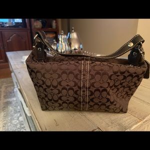 Coach signature brown cloth small bag with brown leather handle Like brand new